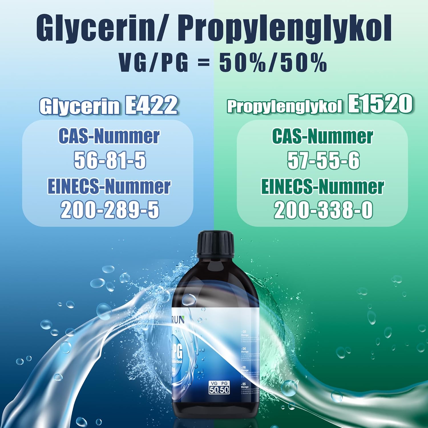 2 x 500ml 50% VG Glycerin / 50% PG Propylenglykol, Pharma-Qualität, Hochreines 50% VG Glycerin flüssig E422 / 50% PG Propylenglykol flüssig E1520- Rein, Vegan, 0% Zusatzstoffe